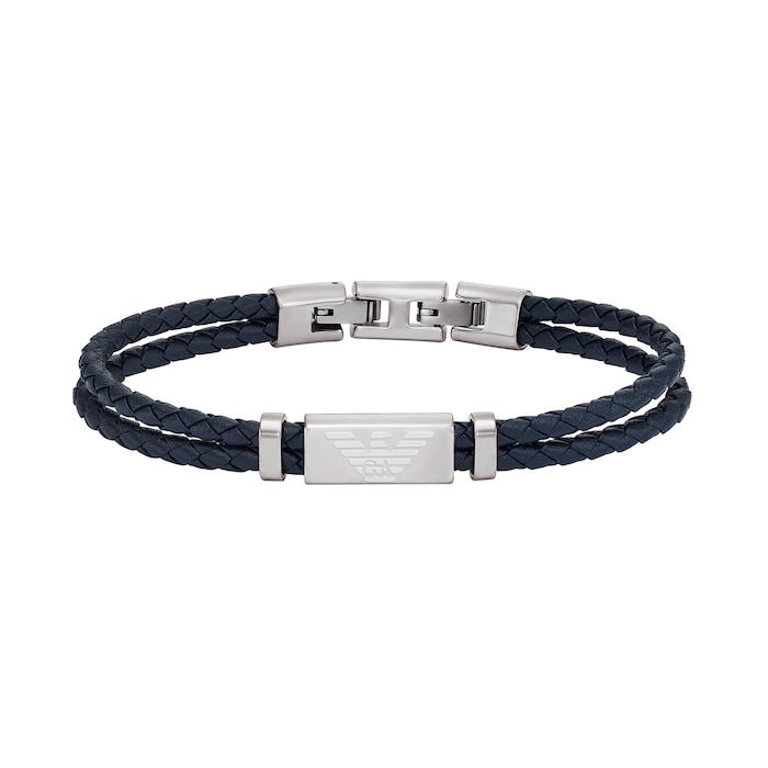 Emporio Armani Mens Essentials Stainless Steel & Blue Leather Logo Bracelet