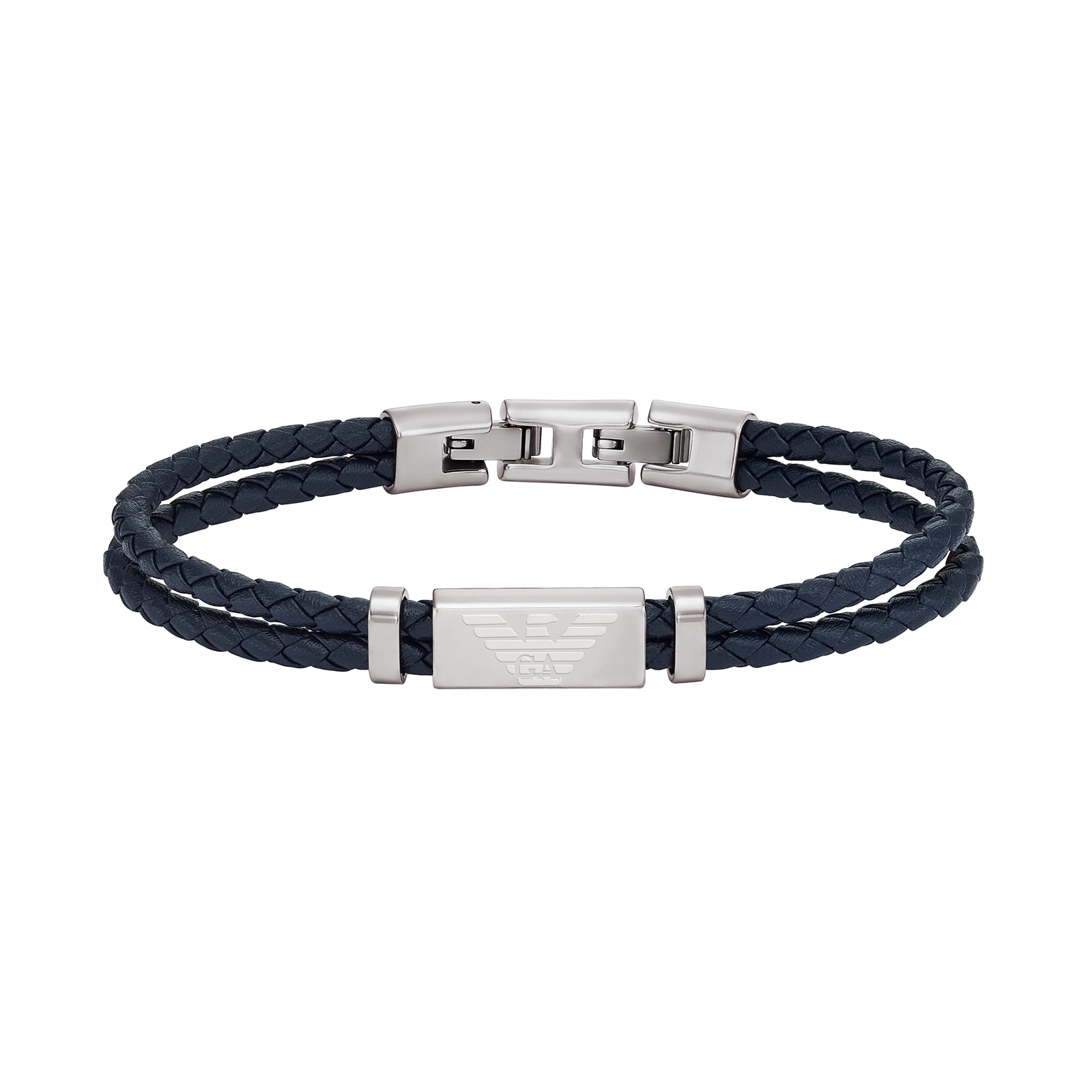 Emporio Armani Mens Essentials Stainless Steel & Blue Leather Logo Bracelet