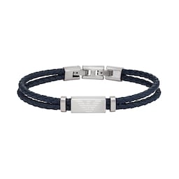 37331214 - Mens Essentials Stainless Steel & Blue Leather Logo Bracelet