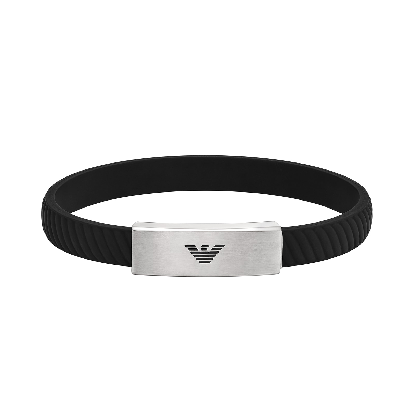 Emporio Armani Mens Essentials Stainless Steel Black Silicone Logo Bracelet