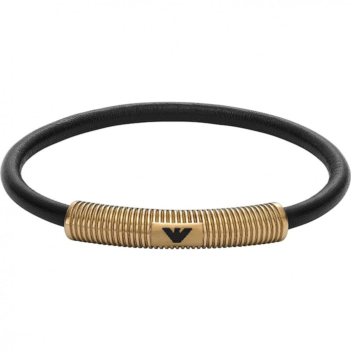 Emporio Armani Mens Black & Gold Leather Bracelet