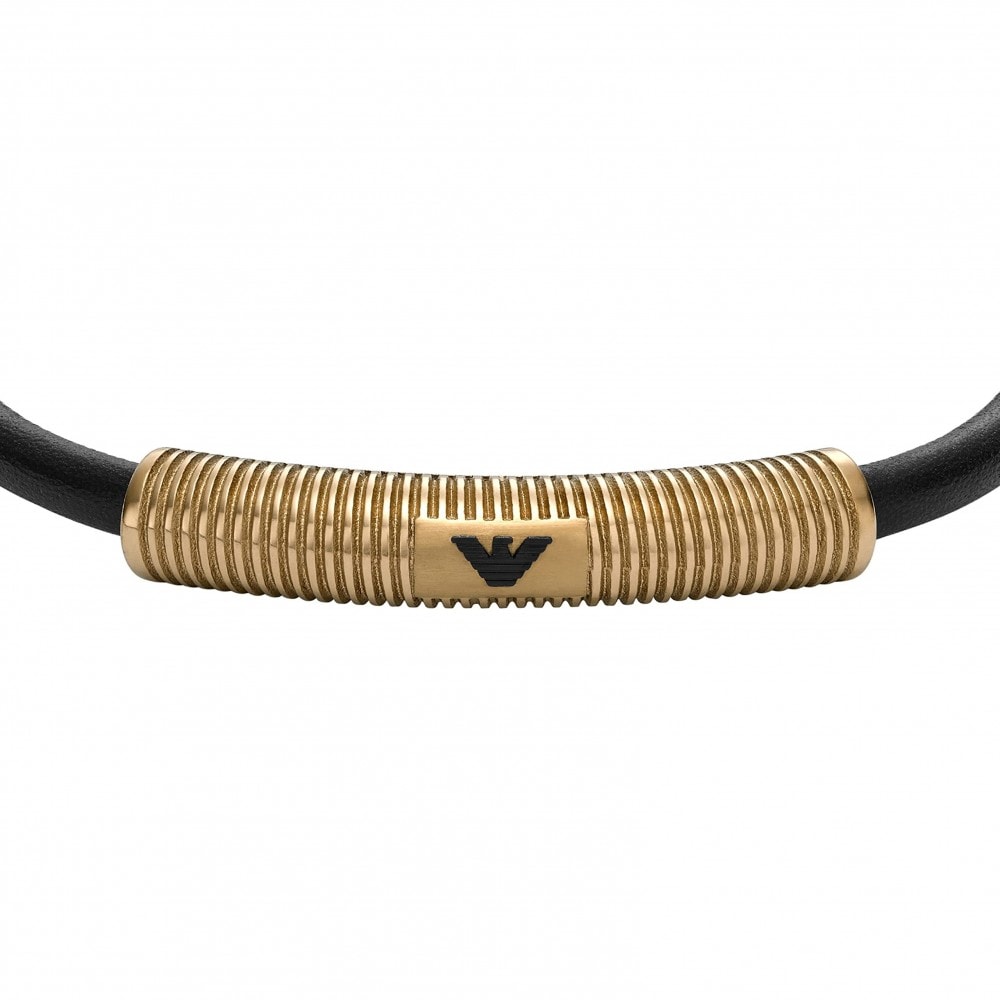 Emporio Armani Mens Black & Gold Leather Bracelet