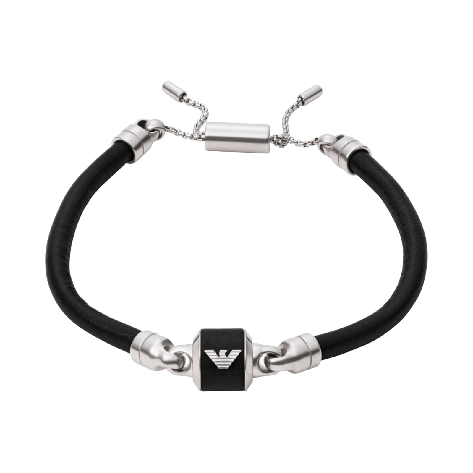 Emporio Armani Mens Black Leather & Stainless Steel Bracelet