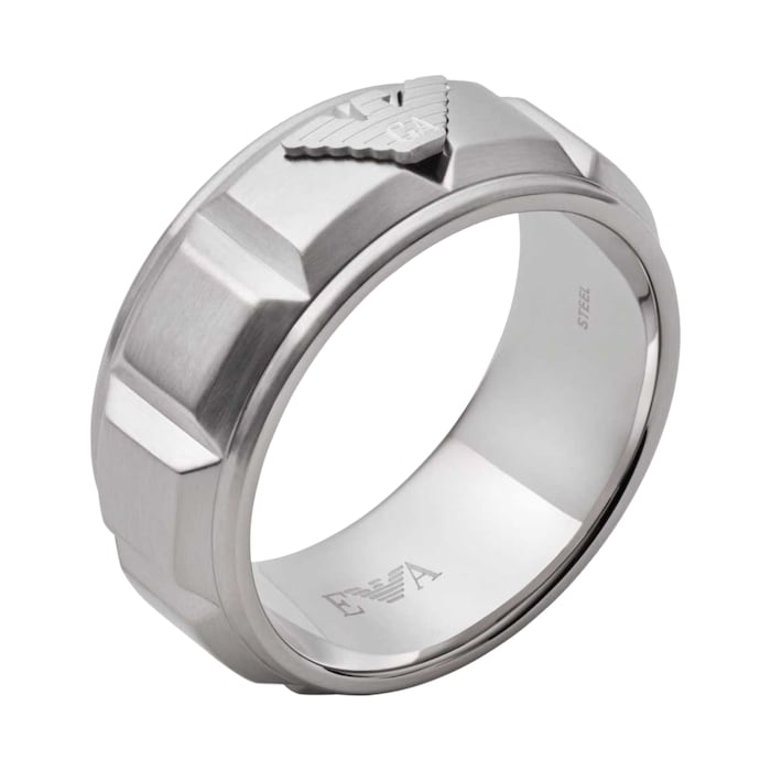 Emporio Armani Mens Stainless Steel Textured Logo Ring - Ring Size R