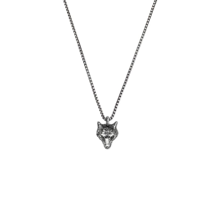 Gucci Anger Forest Wolf Head Necklace in Silver