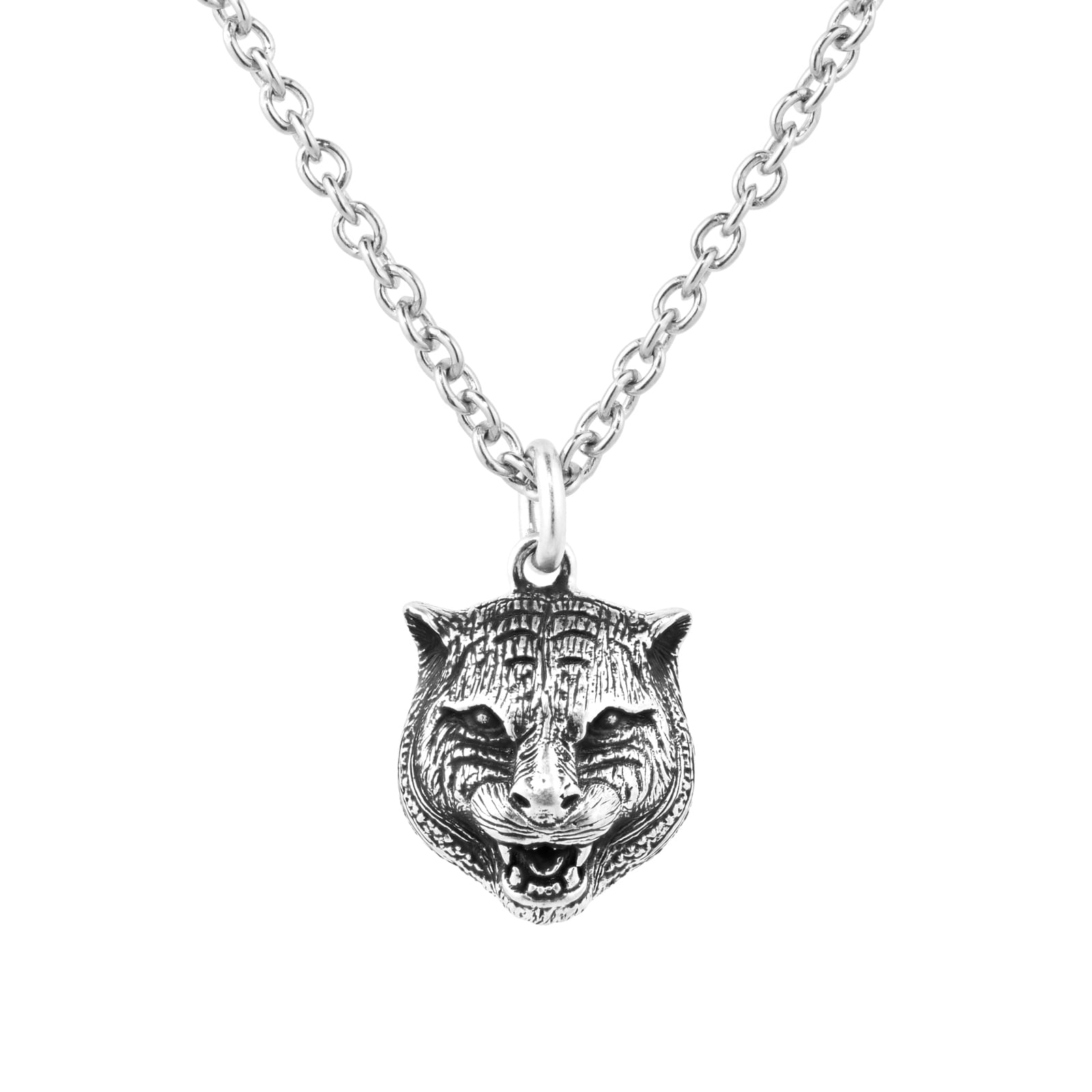 Gucci Anger Forest Feline Head Dark Finish Silver Necklace