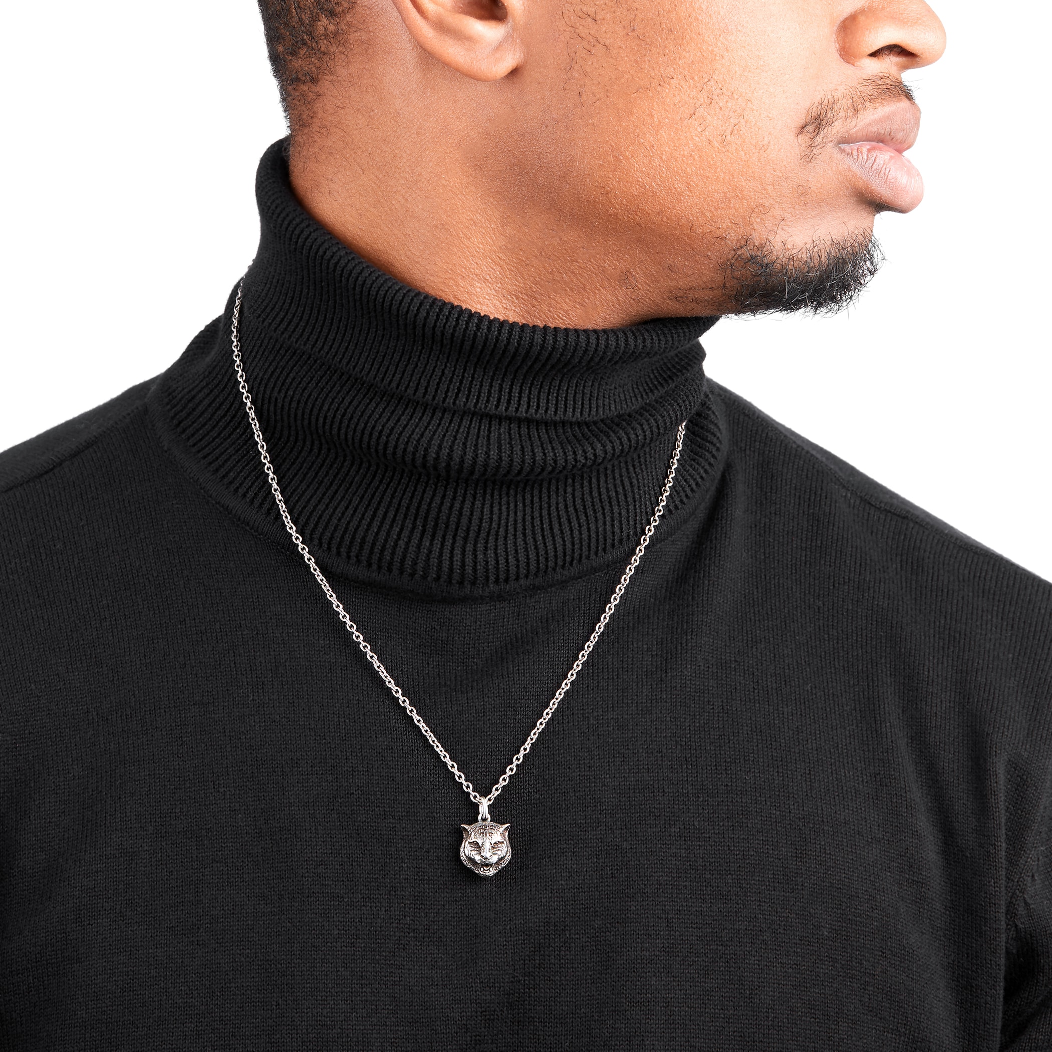 Gucci Anger Forest Feline Head Dark Finish Silver Necklace