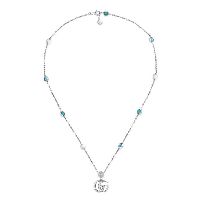 Gucci Sterling Silver Double G Mother of Pearl and Turquoise Necklace 16.5"