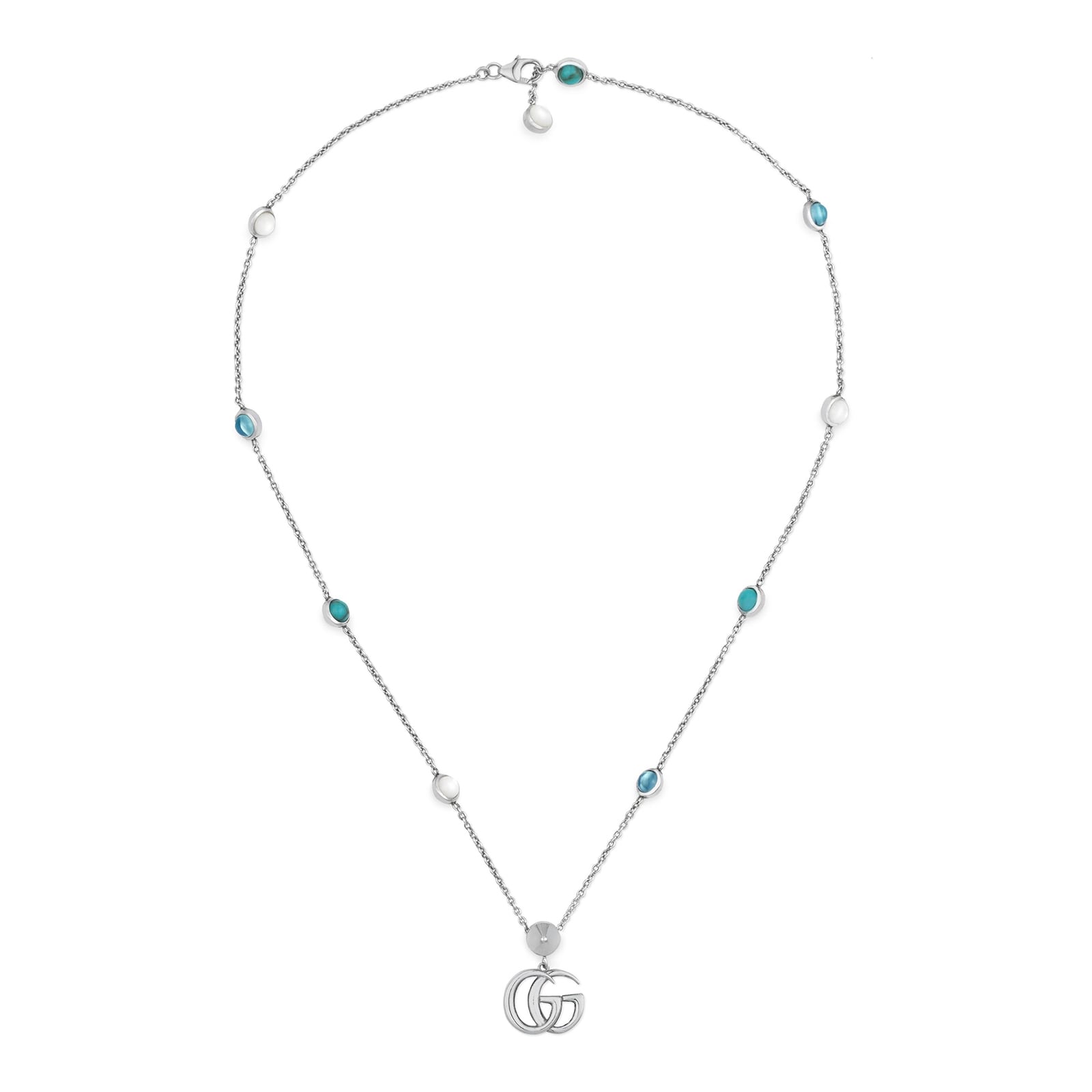 Gucci Sterling Silver Double G Mother of Pearl and Turquoise Necklace 16.5"