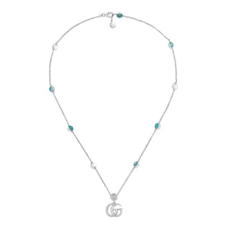 Gucci Sterling Silver Double G Mother of Pearl and Turquoise Necklace 16.5"
