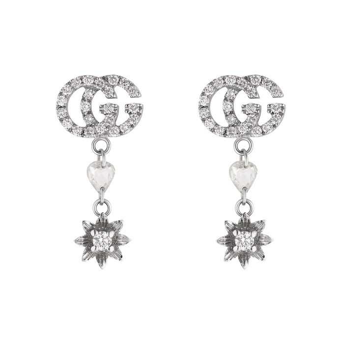 Gucci 18ct White Gold Flower and Double G Diamond Drop Earrings