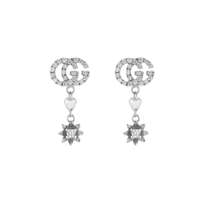 Gucci 18ct White Gold Flower and Double G Diamond Drop Earrings