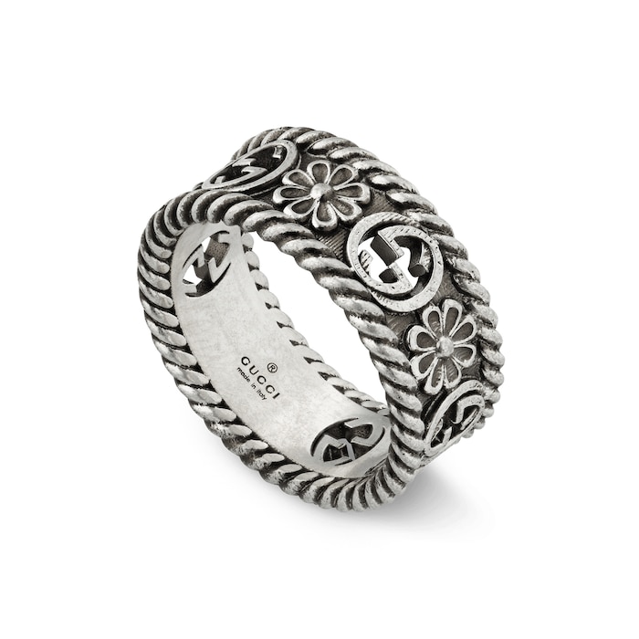 Gucci Sterling Silver Interlocking G Aged Flower Ring