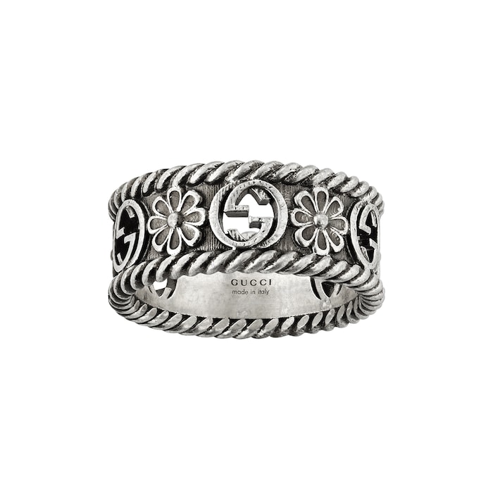 Gucci Sterling Silver Interlocking G Aged Flower Ring