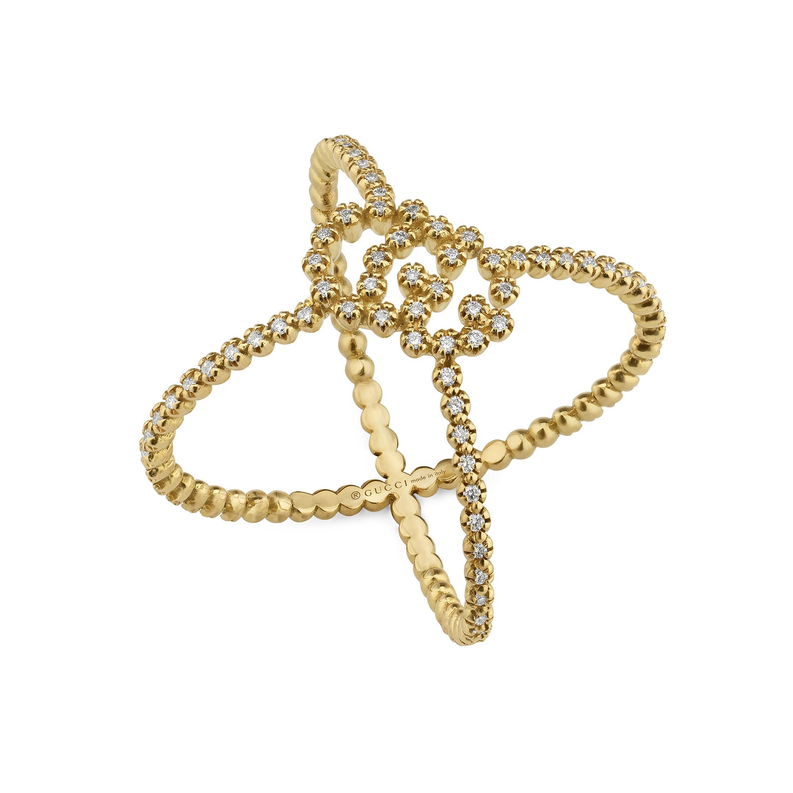 Gucci 18k Yellow Gold 0.25cttw Diamond Running G Crossover Ring Size 7.25