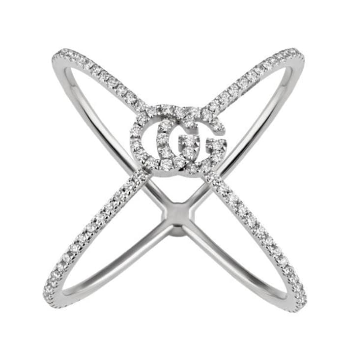 Gucci 18k White Gold Running G Diamond Cross Ring - Ring Size 7.25
