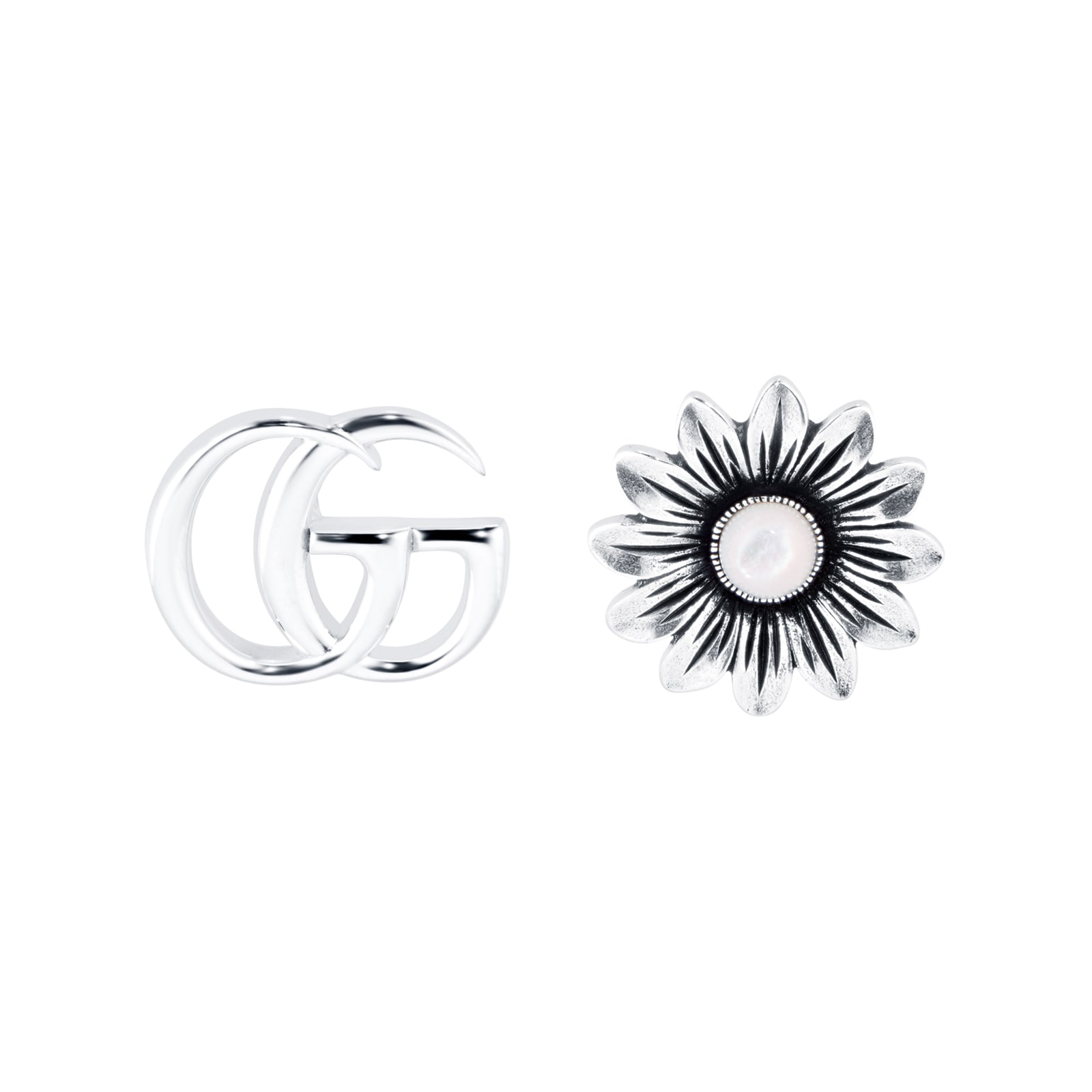 Gucci Silver GG Marmont Pink Mother Of Pearl Floral Stud Earrings Gucci Silver GG Marmont Pink Mother Of Pearl Floral Stud Earrings
