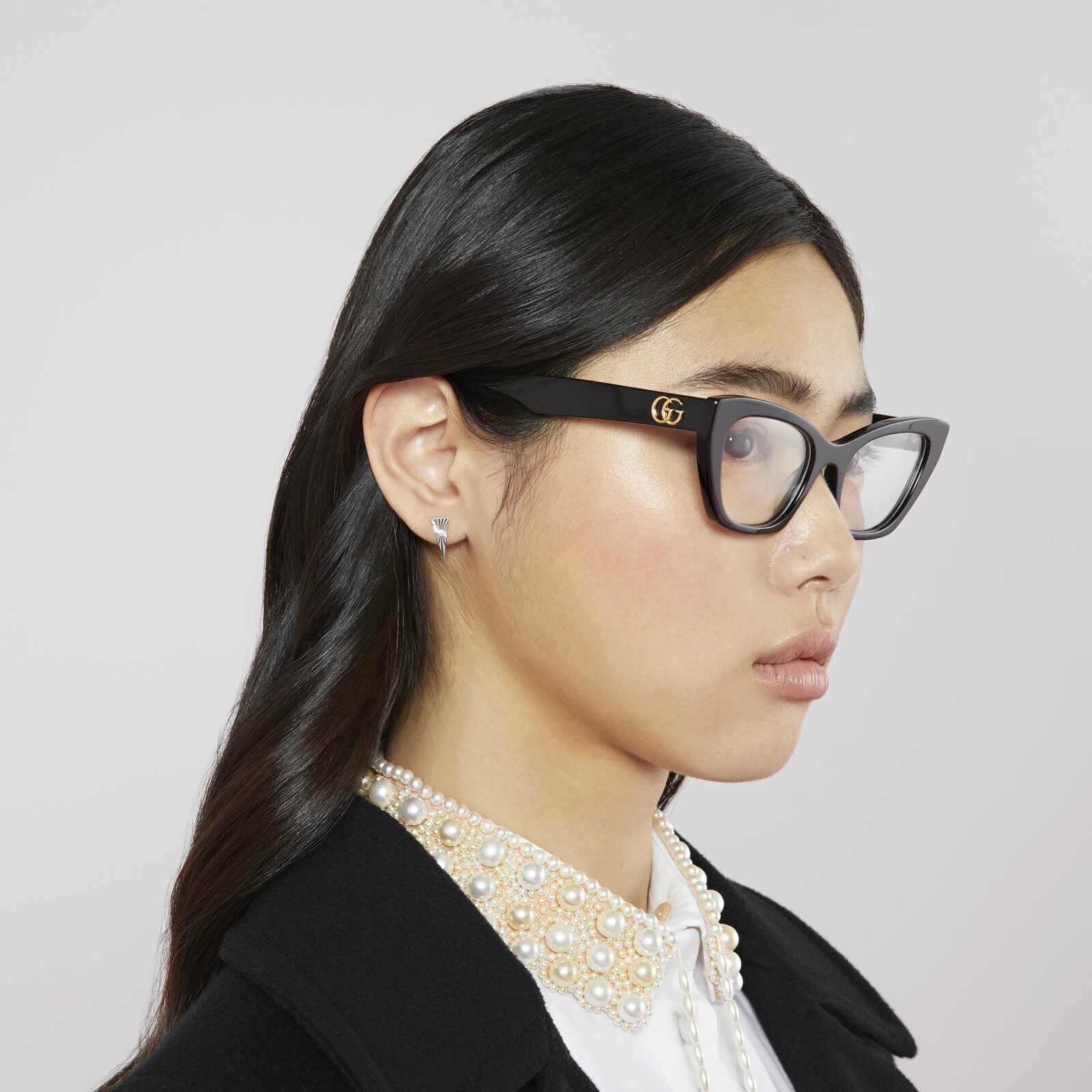 Gucci 18k White Gold GG Triangle and Heart Stud Earrings