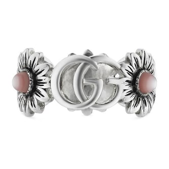 Gucci Sterling Silver GG Marmont Pink Mother Of Pearl Floral Ring Size 6