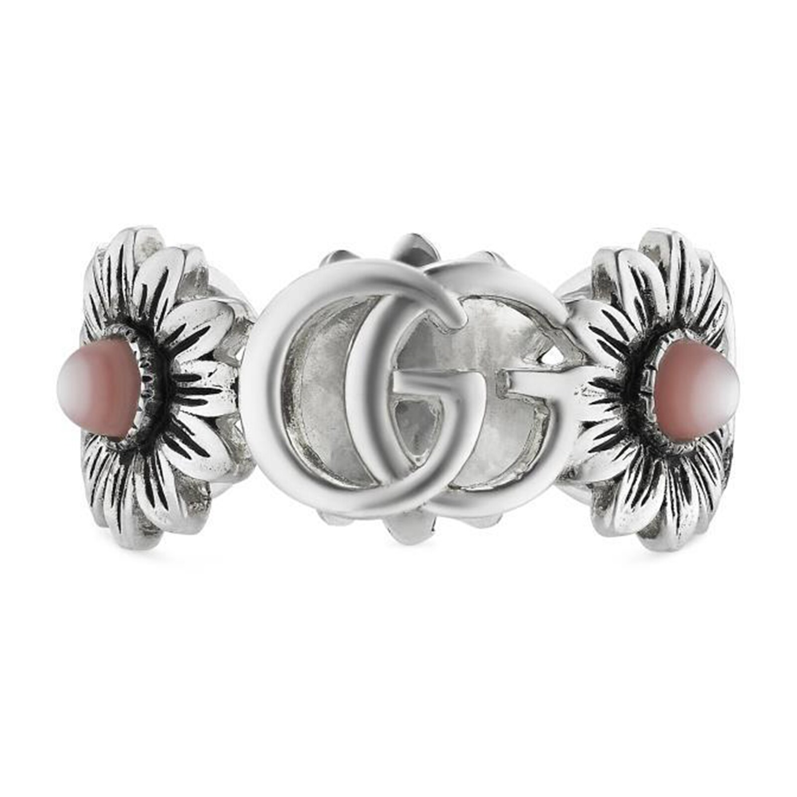 Gucci Sterling Silver GG Marmont Pink Mother Of Pearl Floral Ring Size 6