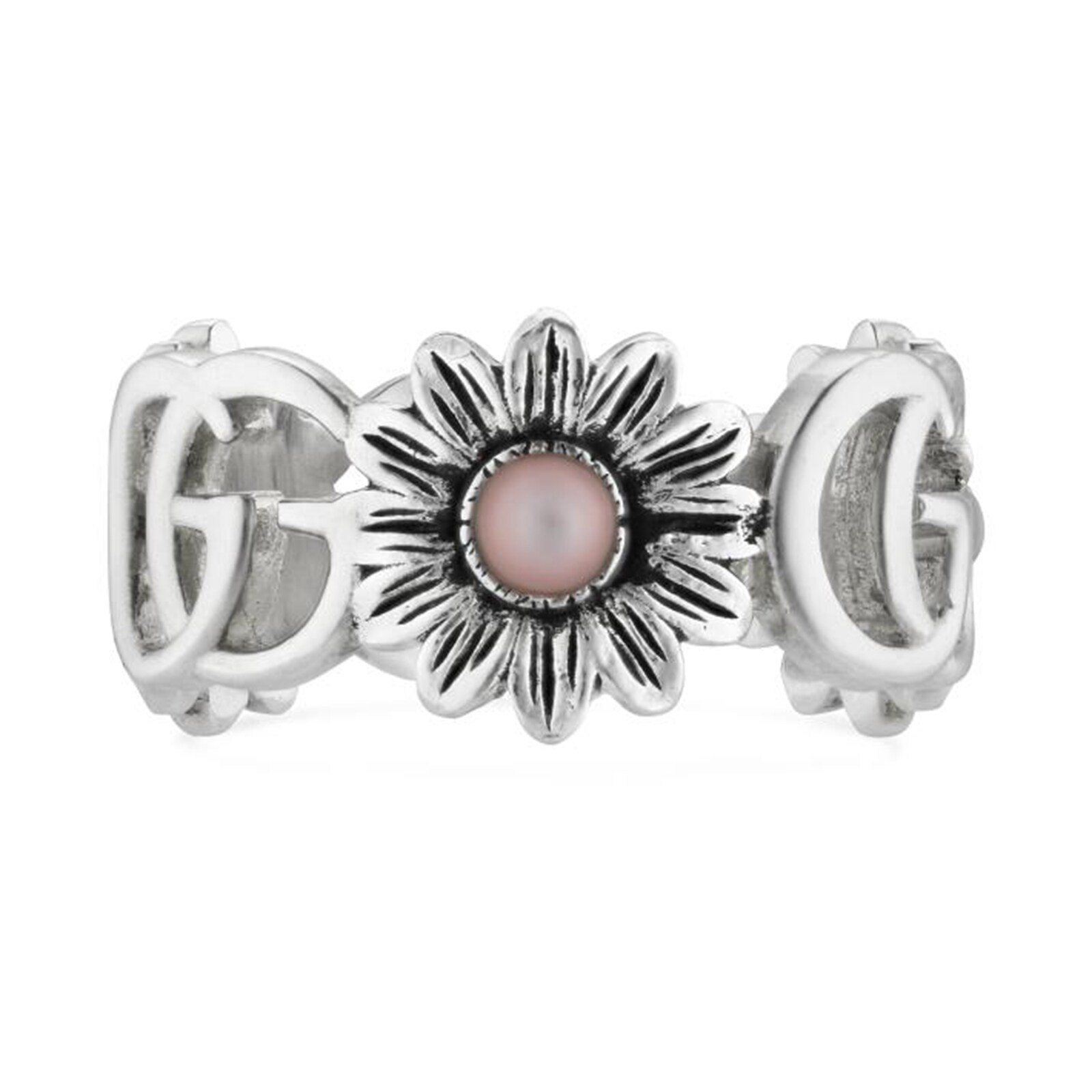 Gucci Sterling Silver GG Marmont Pink Mother Of Pearl Floral Ring Size 6