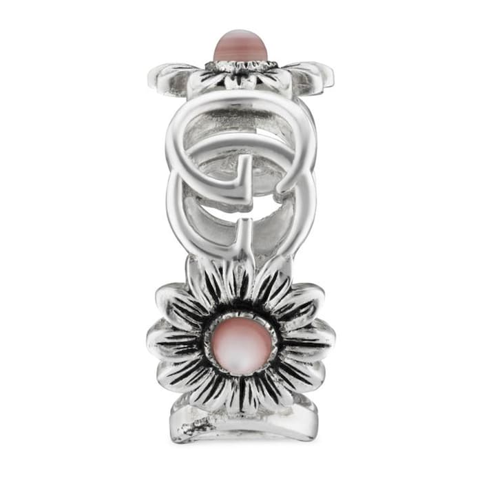 Gucci Sterling Silver GG Marmont Pink Mother Of Pearl Floral Ring Size 6.5