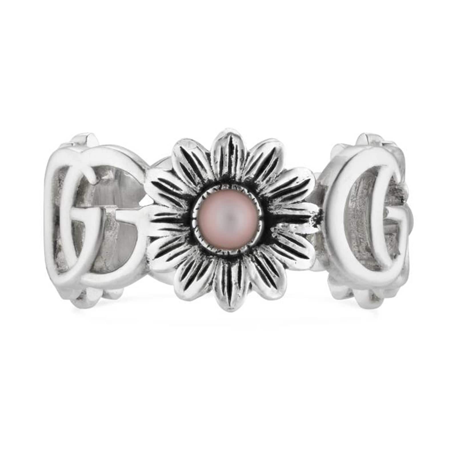 Gucci Sterling Silver GG Marmont Pink Mother Of Pearl Floral Ring Size 6.5