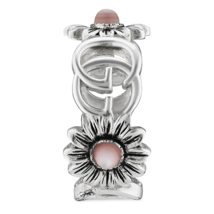 Gucci Sterling Silver GG Marmont Pink Mother Of Pearl Floral Ring Size 7.25