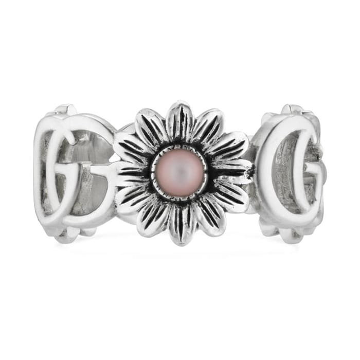 Gucci Sterling Silver GG Marmont Pink Mother Of Pearl Floral Ring Size 7.25