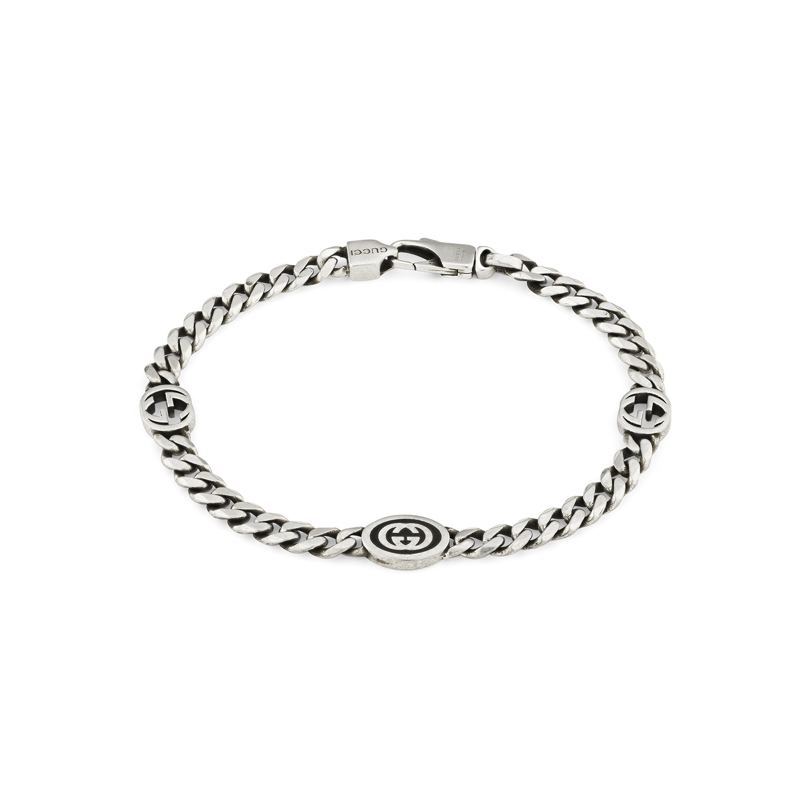 Gucci Gucci Interlocking Sterling Silver & Black Enamel Bracelet - Size Medium