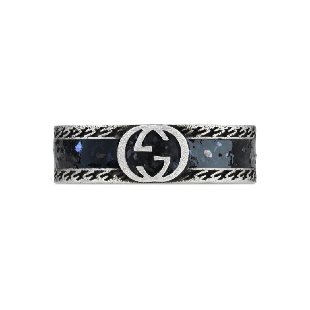 Silver & Black Enamel Interlocking G Ring - Ring Size K