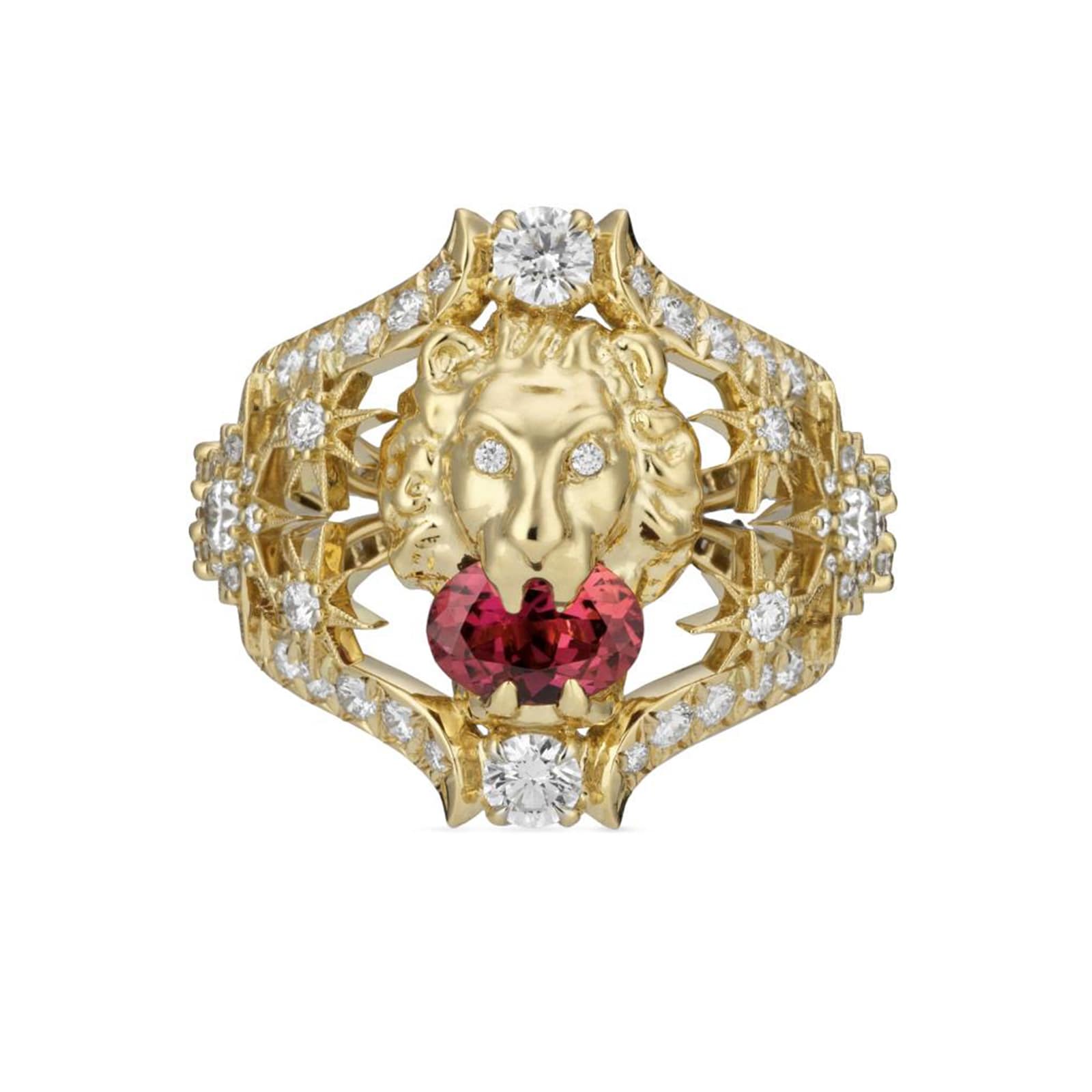 Gucci 18ct Yellow Gold Lion Head Diamond & Tourmaline Ring