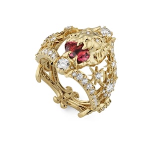 Gucci 18ct Yellow Gold Lion Head Diamond & Tourmaline Ring