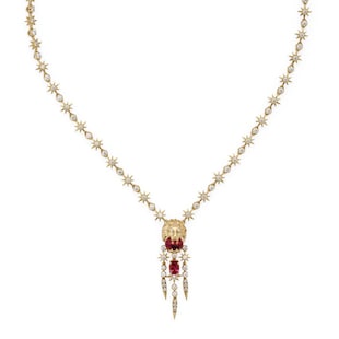 Gucci 18ct Yellow Gold Lion Head Diamond & Tourmaline Necklace