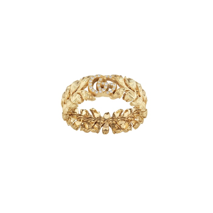 Gucci 18k Yellow Gold 0.04cttw Diamond Flora Double G Fashion Ring Size 6.5