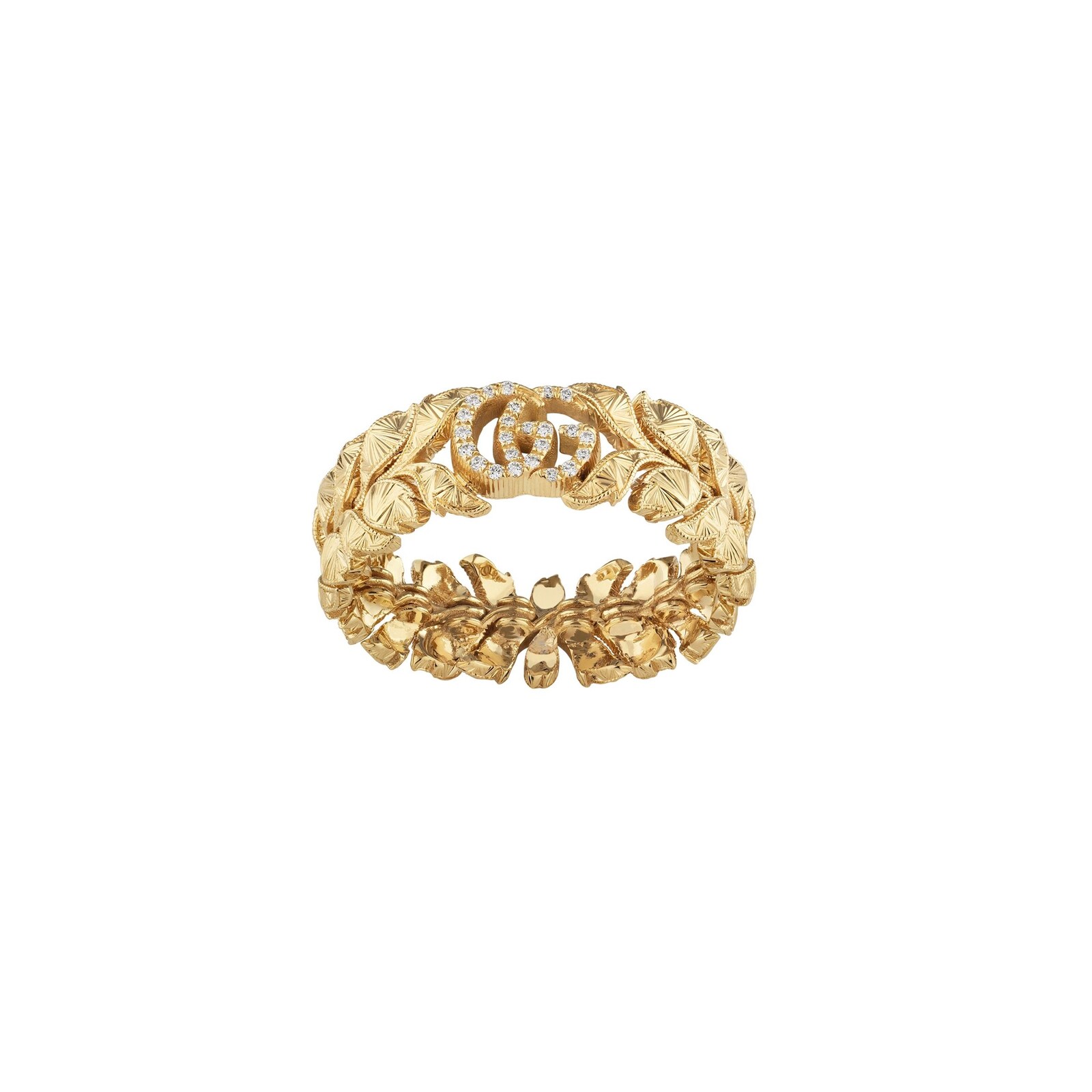Gucci 18k Yellow Gold 0.04cttw Diamond Flora Double G Fashion Ring Size 6.5