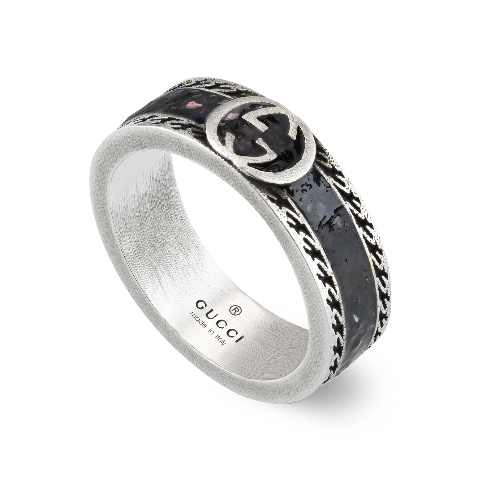 Gucci Sterling Silver and Black Enamel Interlocking G 6mm Ring