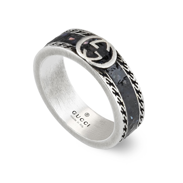 Gucci Sterling Silver and Black Enamel Interlocking G 6mm Ring Size 6.5