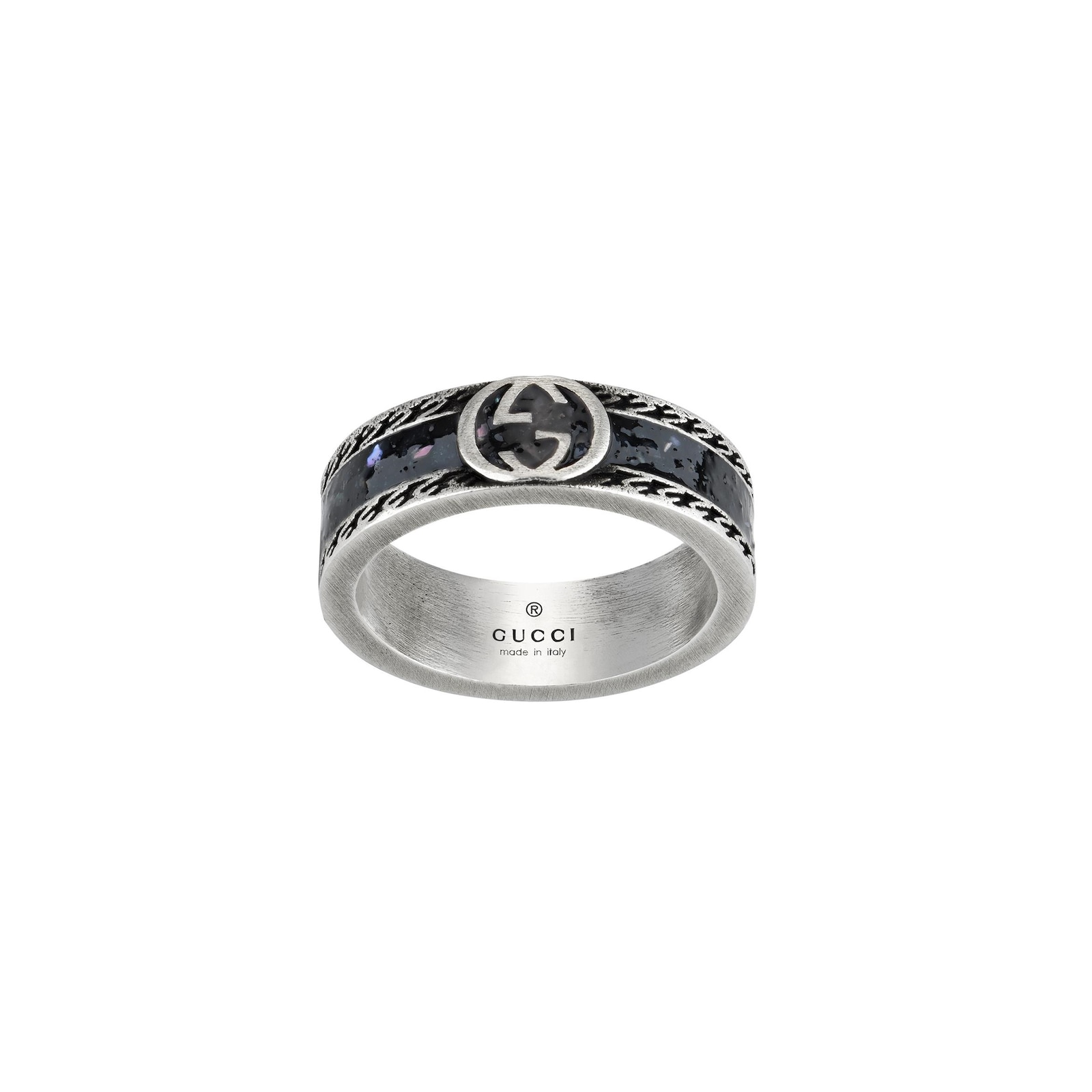 Gucci Gucci Interlocking Sterling Silver and Black Enamel 6mm - Ring Size 7.25