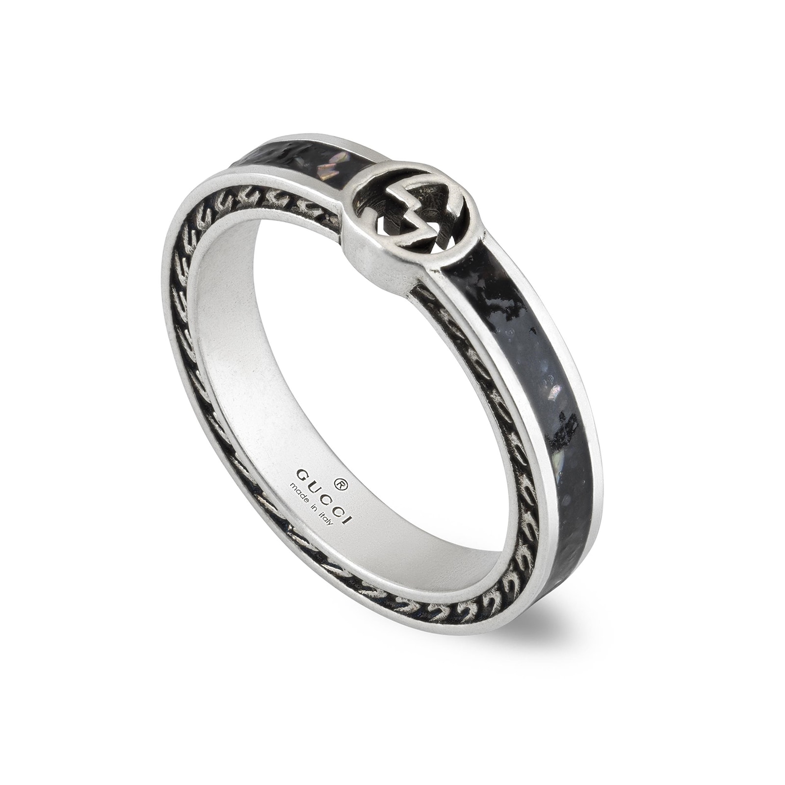 Gucci Gucci Interlocking Sterling Silver and Black Enamel Ring Size 7.25