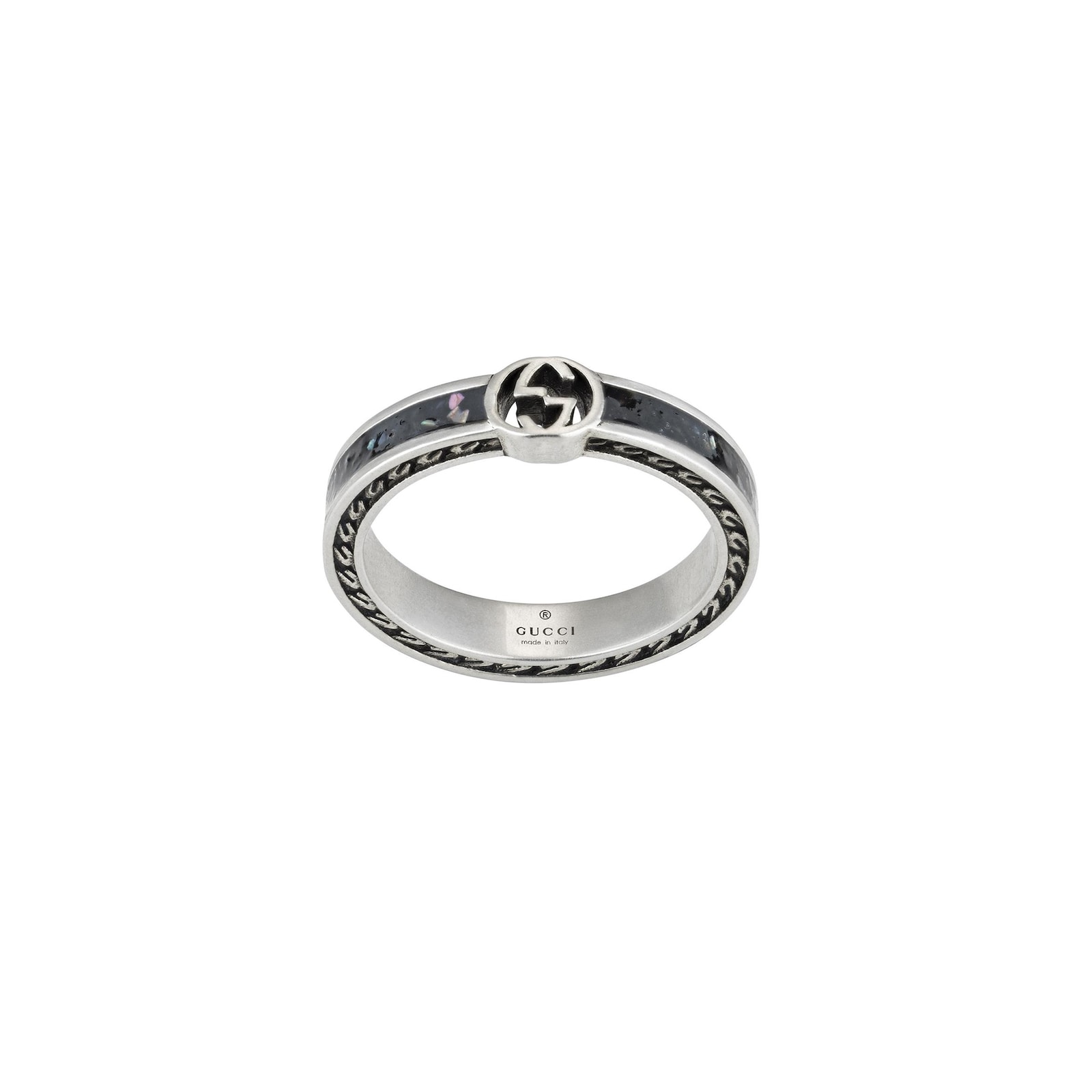 Gucci Gucci Interlocking Sterling Silver and Black Enamel Ring Size 7.25