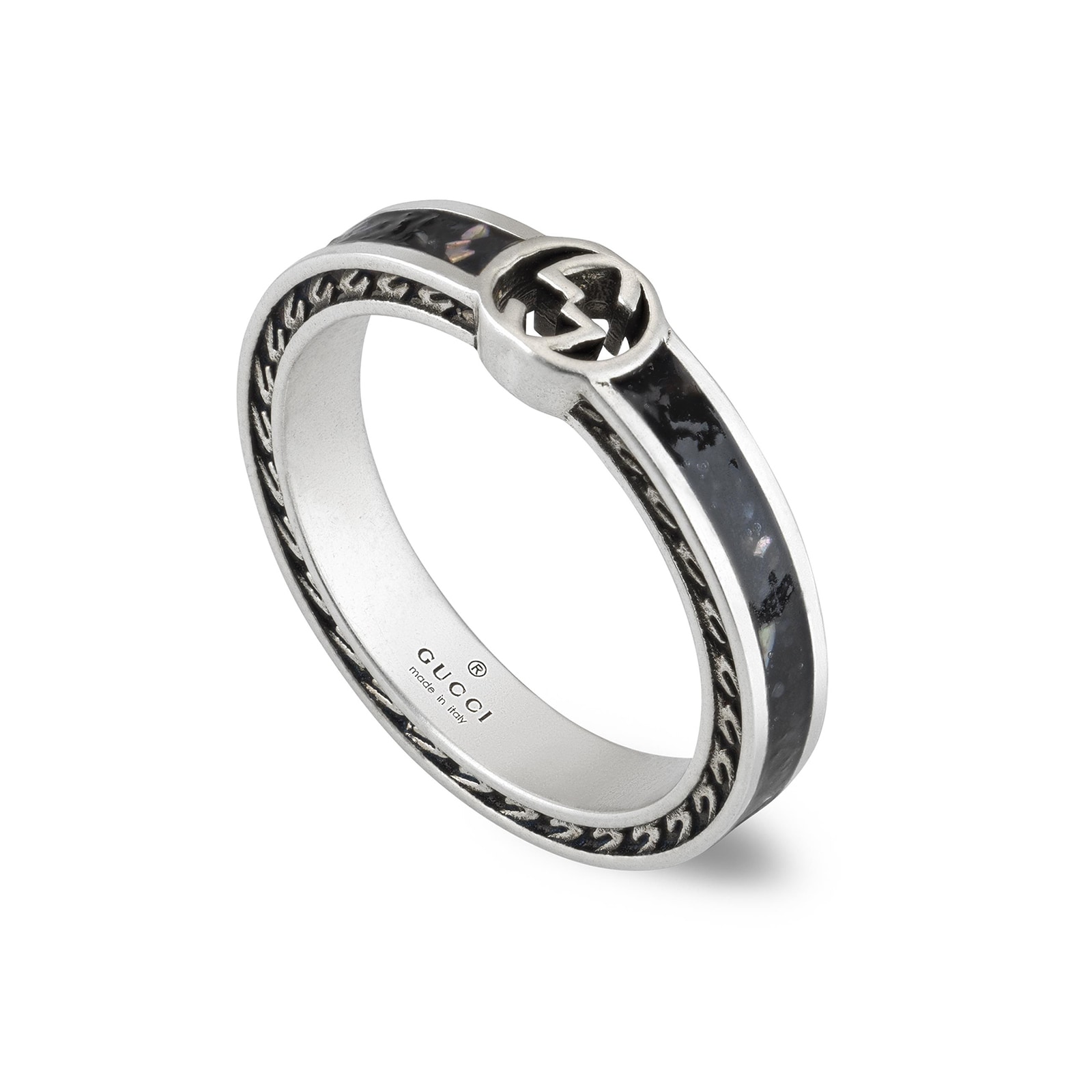 Sterling Silver and Black Enamel Interlocking G Ring Size 6.5