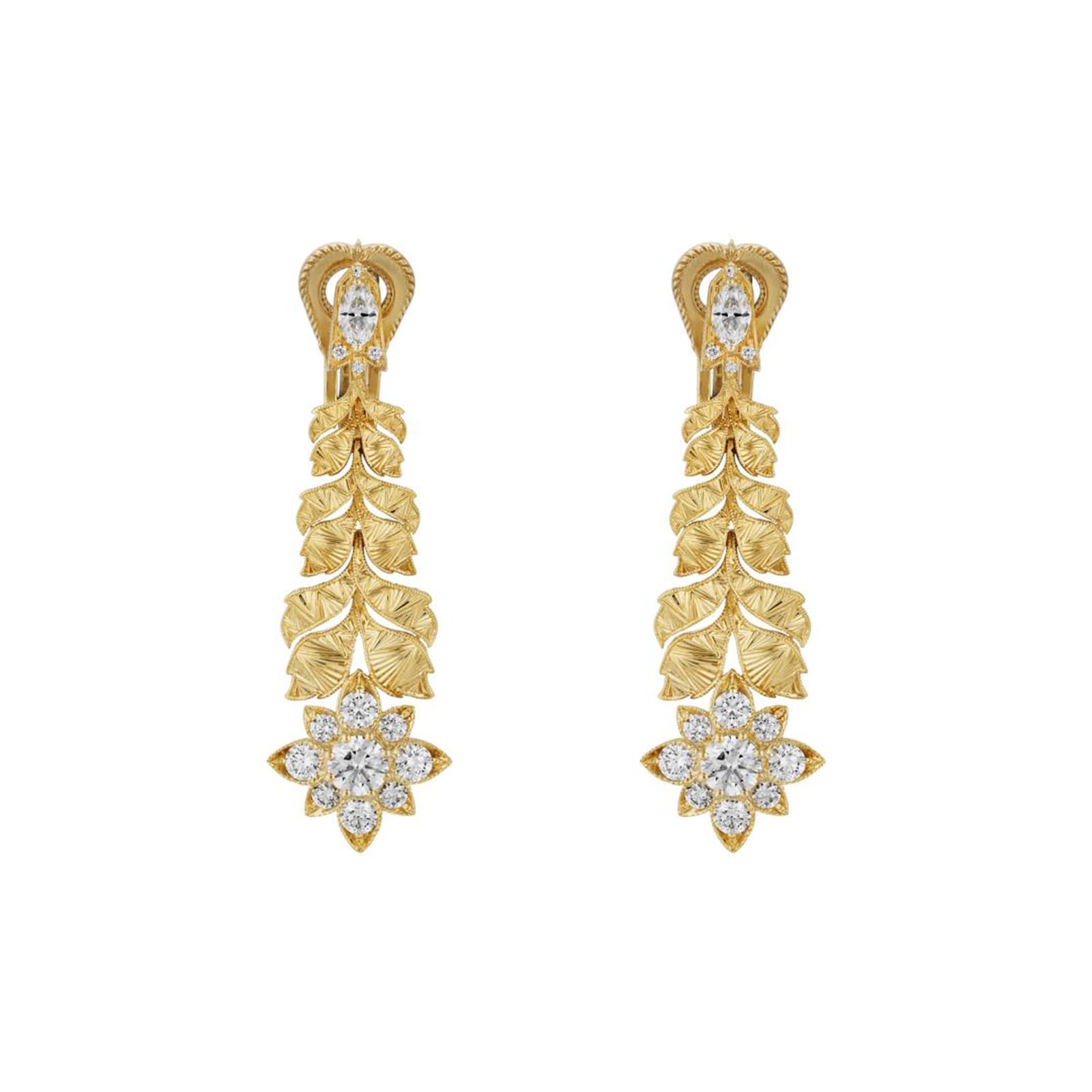 18k Yellow Gold 1.31cttw Diamond Flora Flower Drop Earrings