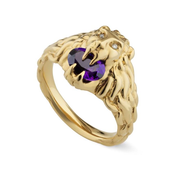 Gucci 18ct Yellow Gold Diamond & Amethyst Lion Head Ring