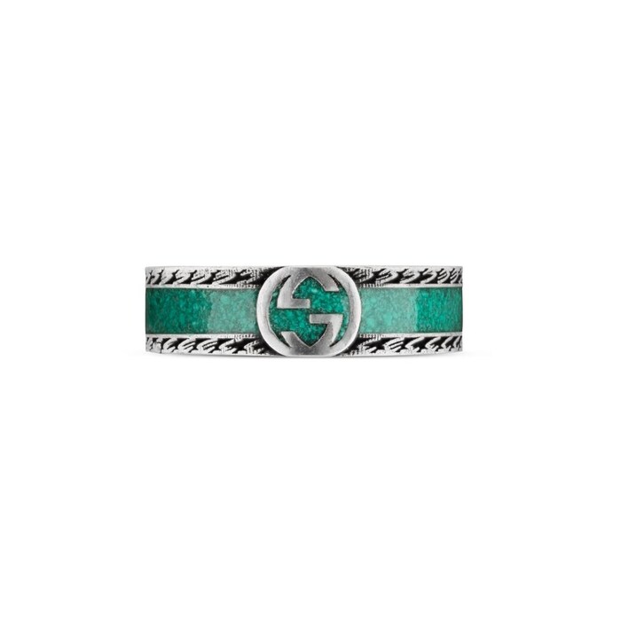 Gucci Sterling Silver Interlocking G Green Enamel Ring