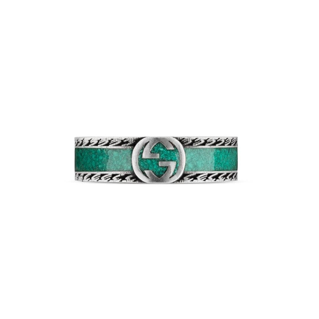 Gucci Gucci Interlocking Sterling Silver & Green Enamel Ring