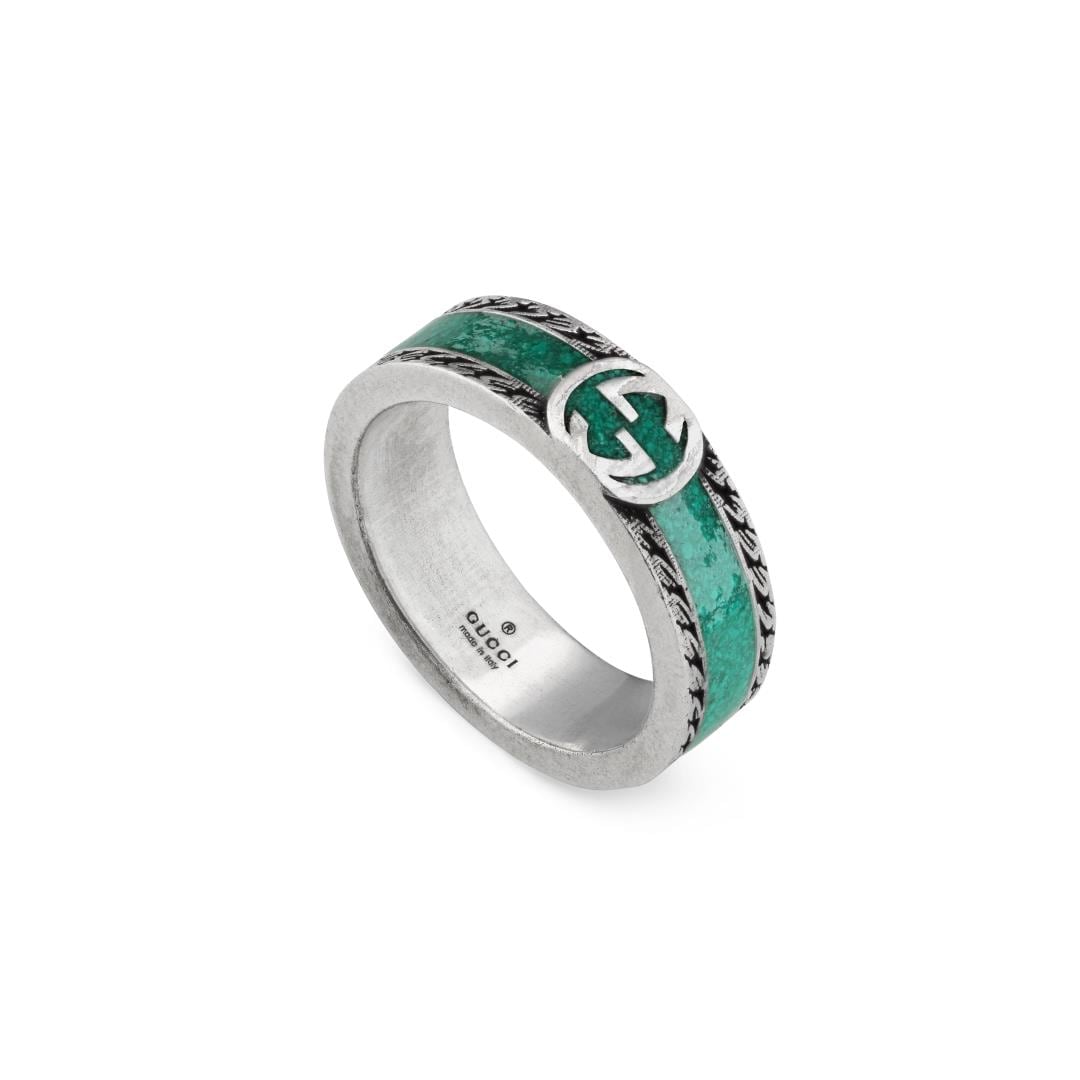 Gucci Gucci Interlocking Sterling Silver & Green Enamel Ring