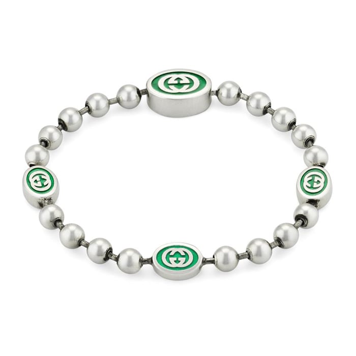 Gucci Gucci Interlocking Sterling Silver & Green Enamel Boule Bracelet - 19cm