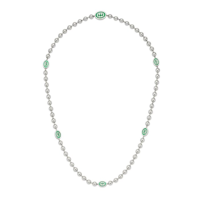 GUCCI Silver & Green Interlocking G Necklace