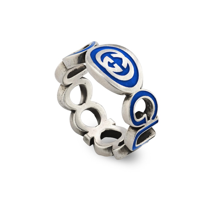 Gucci Gucci Interlocking Sterling Silver & Blue Enamel Ring